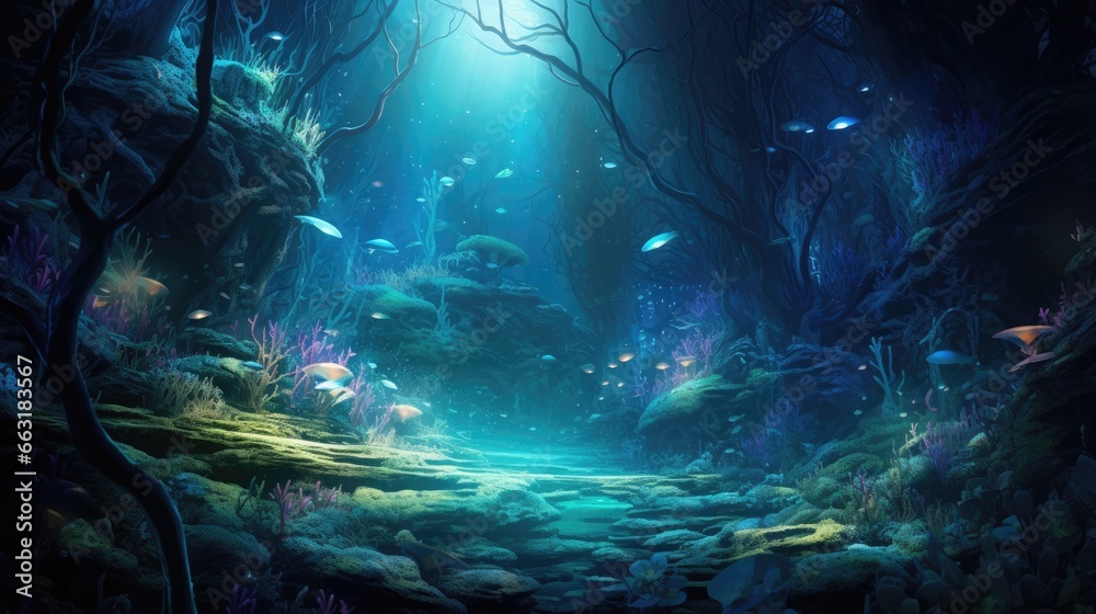A mesmerizing aqua scape that resembles a fantastical underwater forest, AI Generative A mesmerizing aqua scape that resembles a fantastical underwater forest, AI Generative