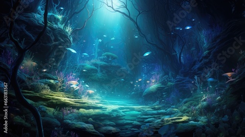 A mesmerizing aqua scape that resembles a fantastical underwater forest, AI Generative