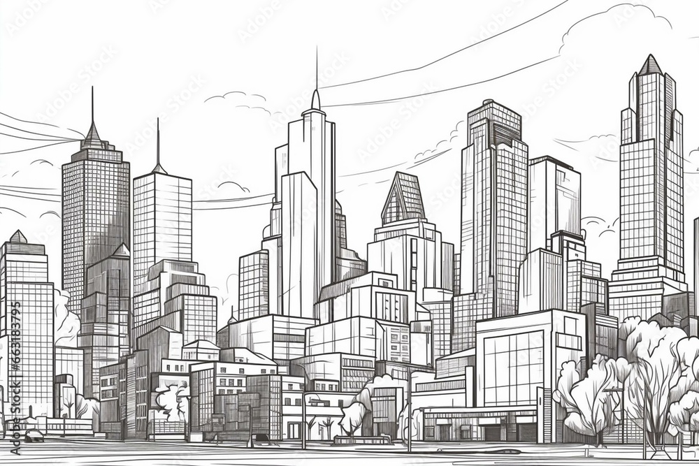 Outline illustration of downtown city landscape with high skyscrapers, government buildings, and urban life. Generative AI