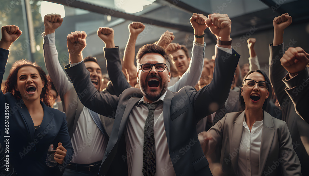Cheerful successful business people fist up in the air - obrazy, fototapety, plakaty 