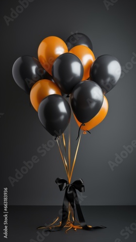 Black balloons with orange ribbon on a black background.