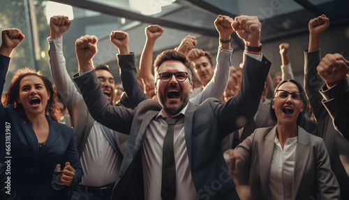 Cheerful successful business people fist up in the air