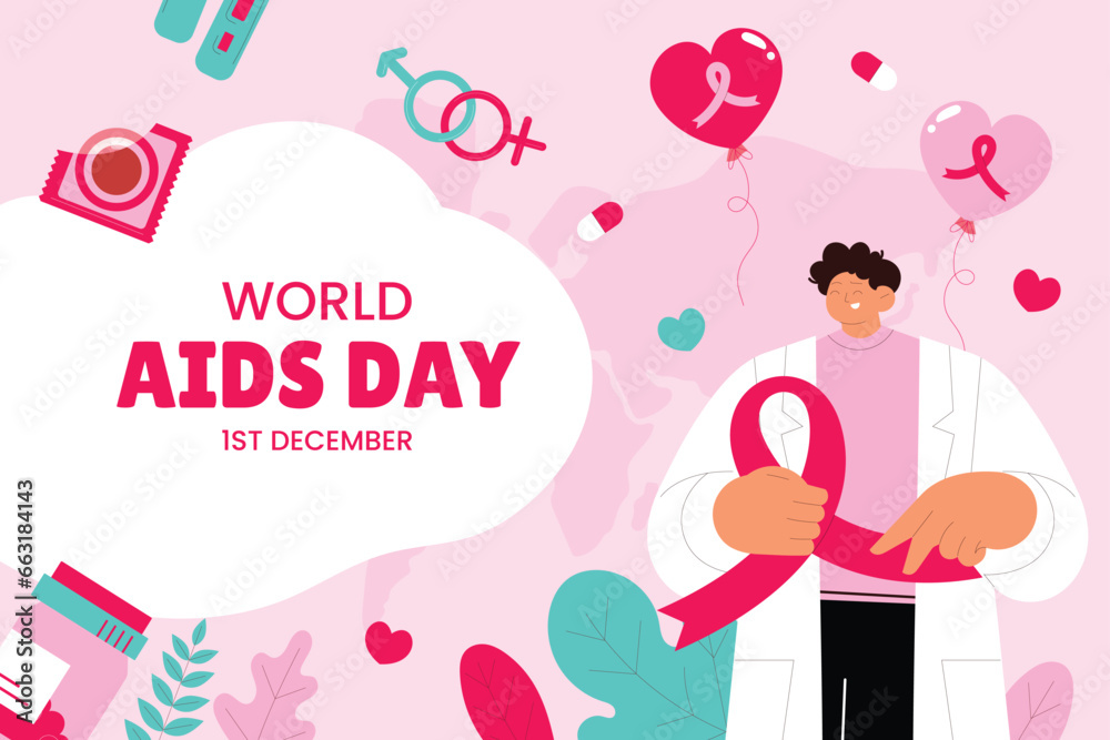flat background for world aids day awareness with medic and ribbon flat background for world aids day awareness with medic and ribbon