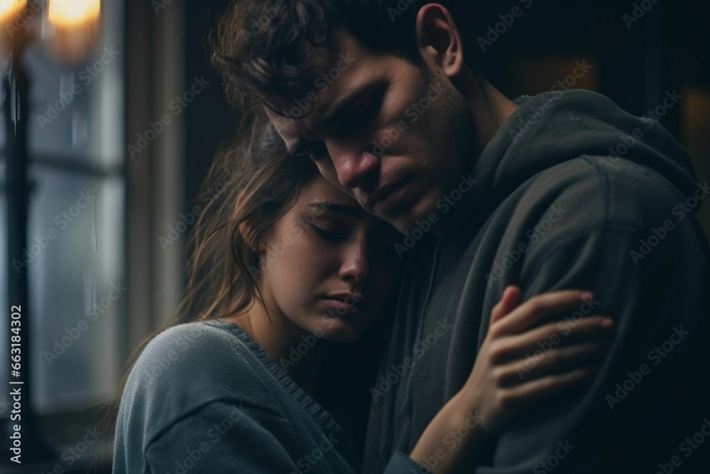 Dramatic Portrait of Young sad woman embracing her boyfriend while crying about something