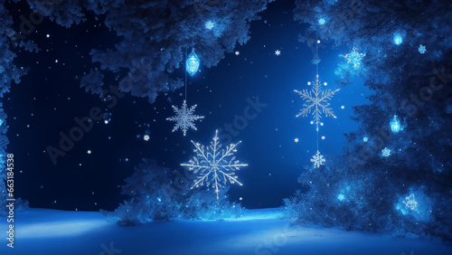 Background of christmas decorations, christmas flakes, tree branches and lights on blue background © Jordi E.