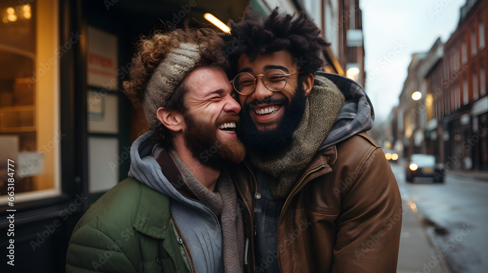 Two men friends laughing in the street - diverse friendship 