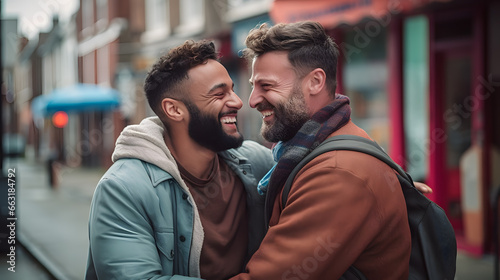 happy gay couple gazing in each others eyes in the street