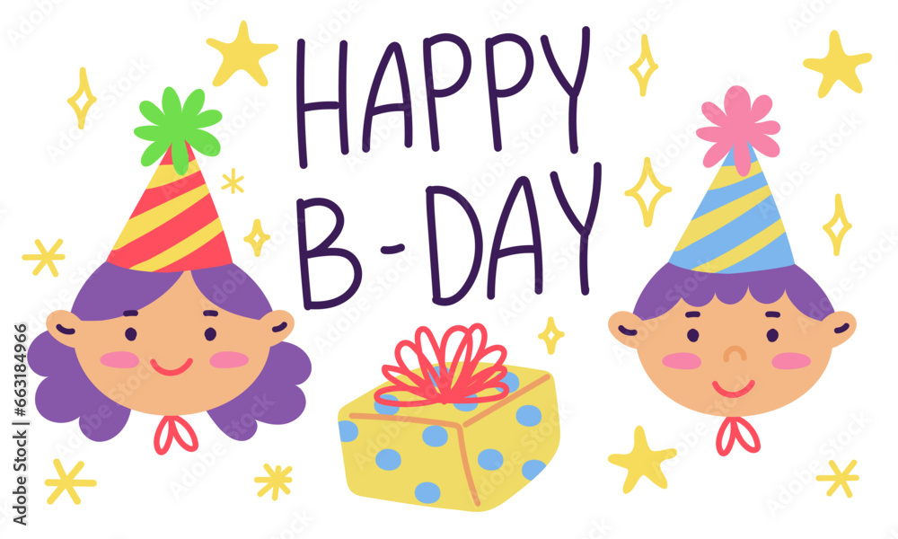Fototapeta premium Greeting card with the image of a girl and a boy, with a box, a bow and stars on a white background. A holiday card, an invitation to a holiday. Cute cartoon postcard with a character