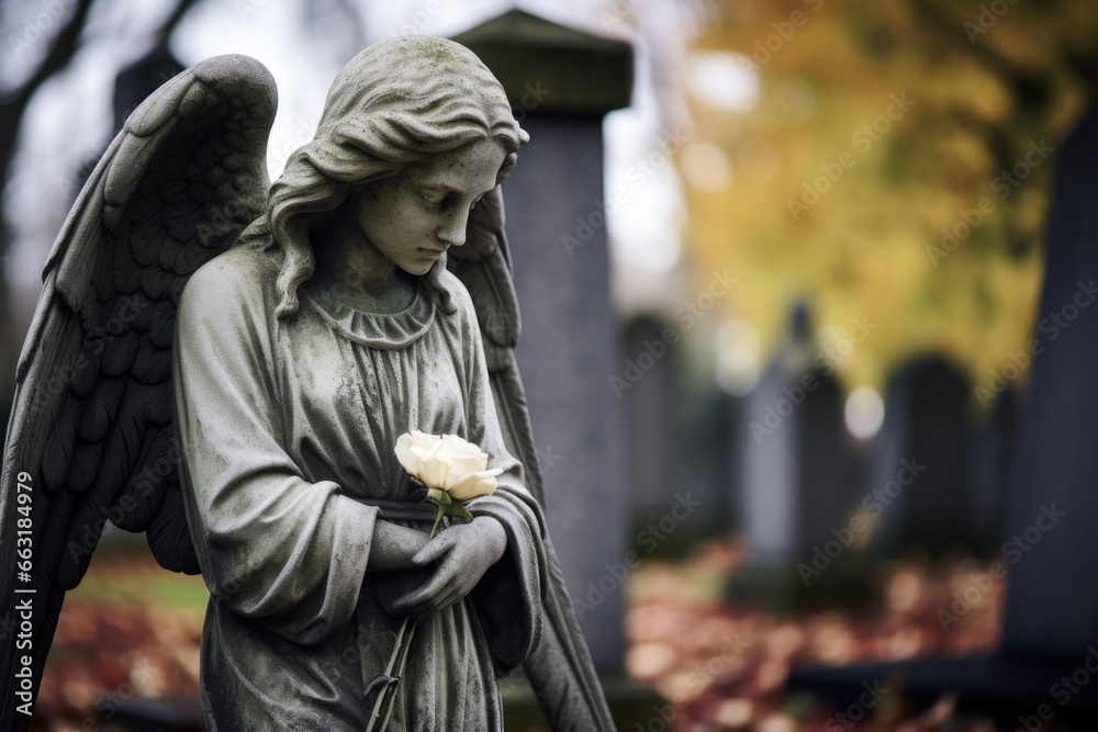 angel statue in a graveyard with tombstones angel statue in a graveyard with tombstones