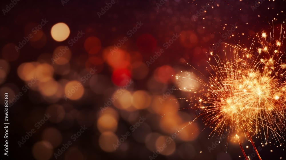 Fototapeta premium Golden and Crimson Fireworks: New Year's Eve Brilliance with Bokeh Effects. Generative ai