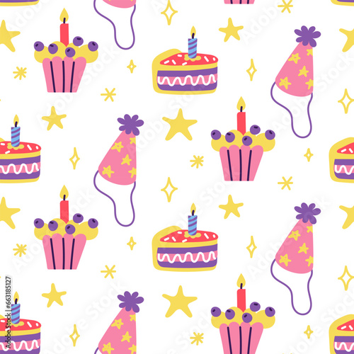 Seamless birthday pattern  hand-drawn. A festive piece of cream cake with candles  a muffin  a cupcake  a festive hat and stars on a white. Vector holiday texture in Scandinavian style for children