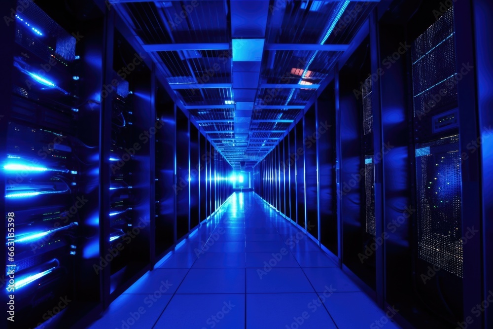line of servers in a dark data center illuminated in blue