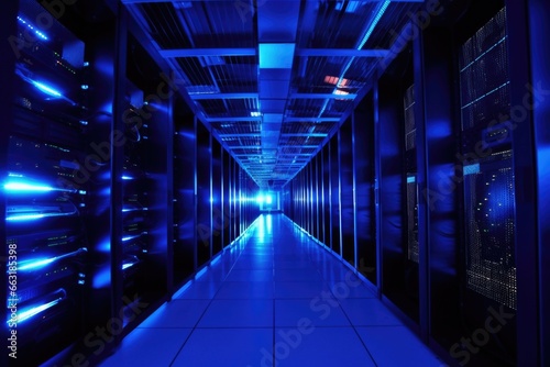 line of servers in a dark data center illuminated in blue