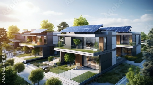 Sustainable Living: Modern Multifamily Homes Equipped with Photovoltaic Cells. Generative ai © Scrudje
