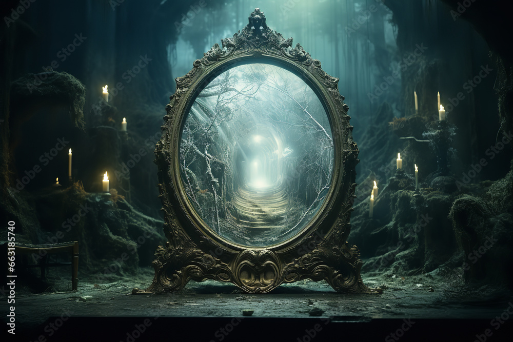 A mystical mirror with an ornate golden frame reflects the image of a twinkling fairy floating - obrazy, fototapety, plakaty 