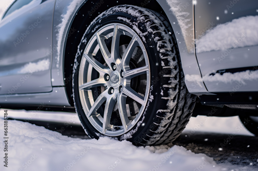 Photo of car with winter tire on the snow