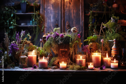 Floating candles hover above a witch's altar adorned with various herbs, crystals, and other spell ingredients in glass jars