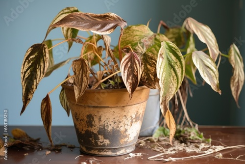 a neglected houseplant with withered leaves