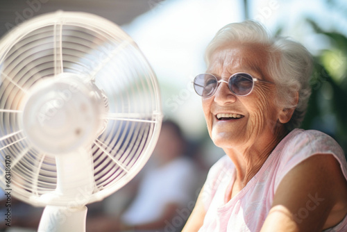 Elderly woman cools down with fan during the summer heat