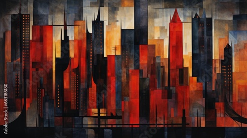 Sunset city skyline with tall skyscraper buildings, golden hour orange and red colors, late afternoon downtown urban area, east coast abstract metropolis. 