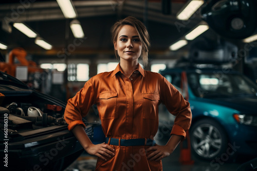 Portrait of young female automobile mechanic working in a clean modern garage shop, standing pose with arms in her waist photo