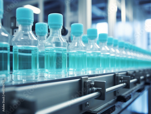 A pharmaceutical factory with a conveyor line of glass bottles on it.