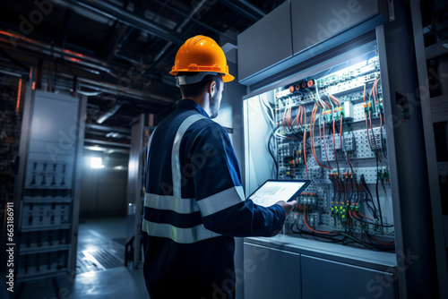 Electrical Engineer team working front control panel, An electrical engineer is installing and using a tablet to monitor the operation of an electrical control panel in a factory service room