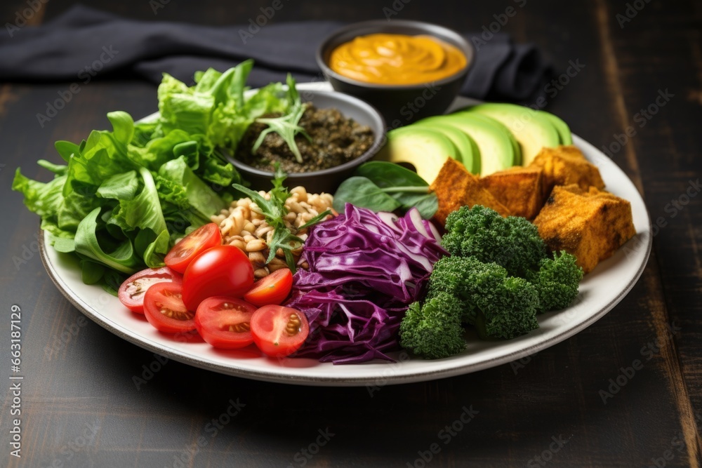 vegan meal plate with fresh vegetables and leafy greens