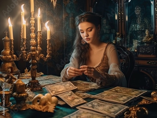 Woman fortunetelling on tarot cards photo