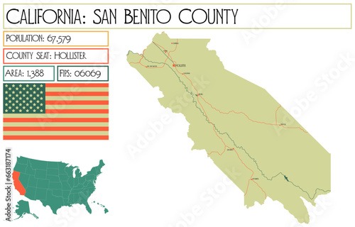 Large and detailed map of San Benito County in California, USA. photo