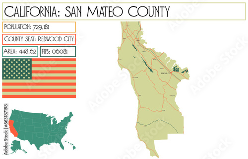 Large and detailed map of San Mateo County in California, USA.