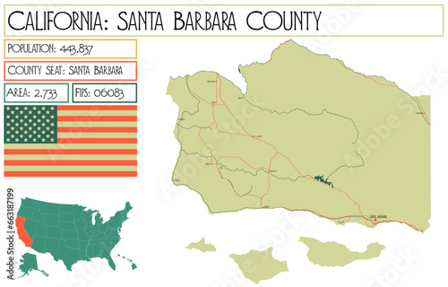Large and detailed map of Santa Barbara County in California, USA.