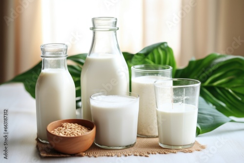 plant-based milk alternatives resting on a kitchen table