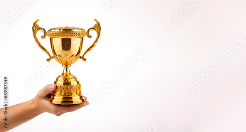 hand holding golden trophy isolated in white background banner