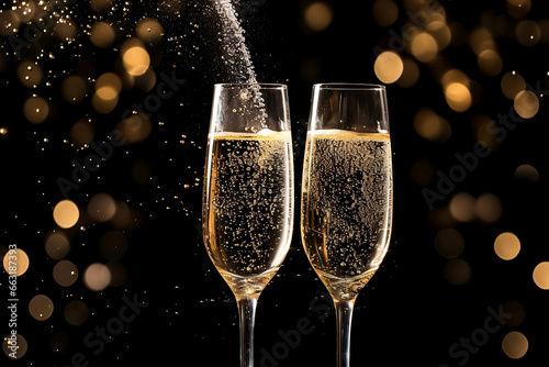 Champagne Toast, New Year's Elegance: Champagne Flutes Raised in a Toast, Bubbling with Celebration and Joy. Cheers to the New Year!