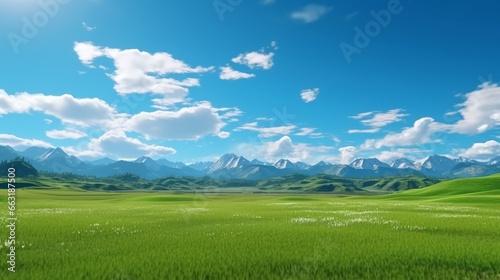 Photo of a serene green field with majestic mountains in the backdrop