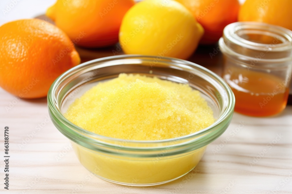 citrus body scrub mixture in a glass dish citrus body scrub mixture in a glass dish