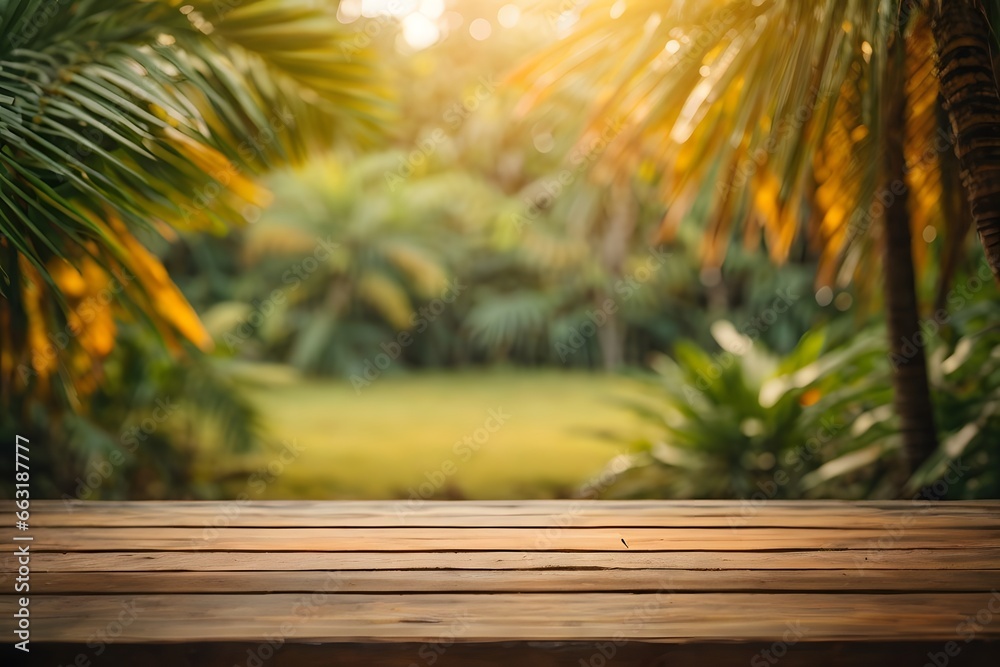 Empty wood table top with blur jungle background with bokeh light. Generative AI. Empty wood table top with blur jungle background with bokeh light. Generative AI.