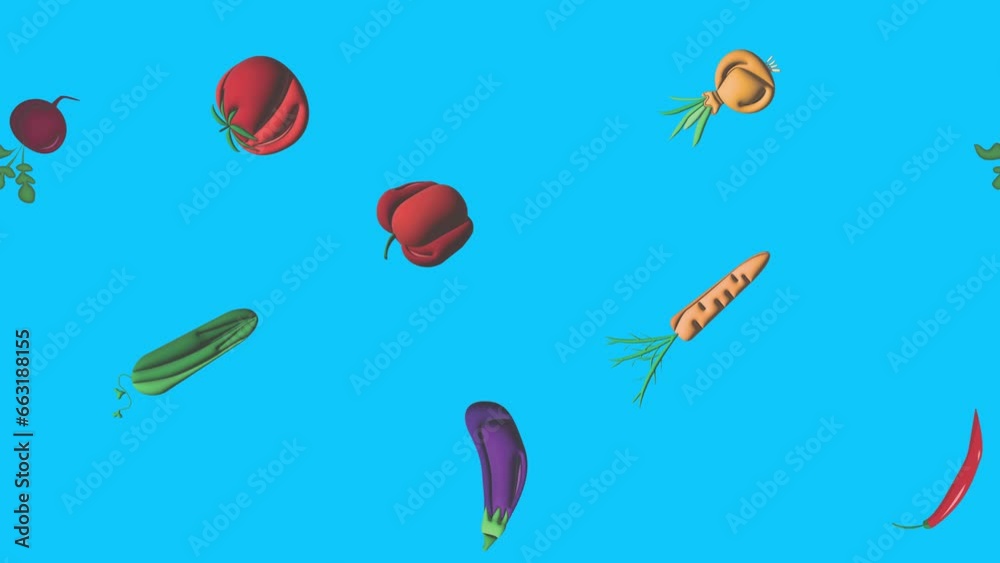 Vegetables animation on blue screen chroma key, graphics source elements