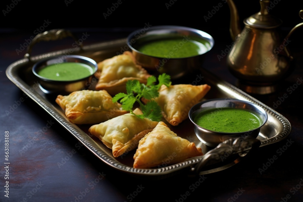 indian samosas on a metallic tray with green dip indian samosas on a metallic tray with green dip