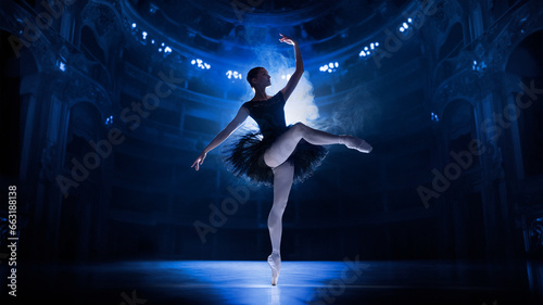 Artistic, tender, beautiful young woman, professional ballet dancer in motion, dancing on theater stage with spotlights. Concept of classical dance, art and grace, beauty, choreography, inspiration