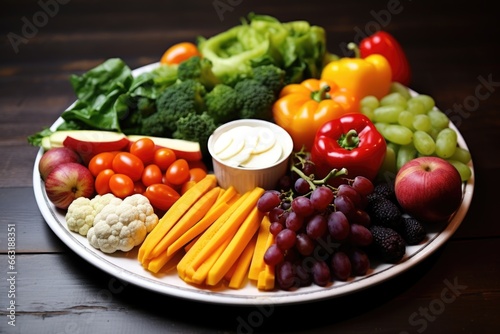 an untouched plate of fruits and vegetables