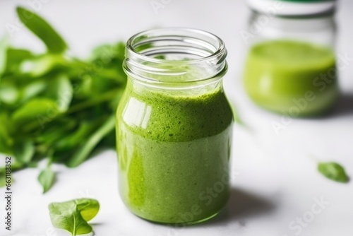 glass bottle of green detox smoothie with straw