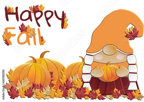 Happy Fall - female gnomo and pumpkin - great for website, email, greeting card, presentation, postcard, book, t-shirt, sweatshirt, sticker, book, printables, sublimation, cricut, silhouet
