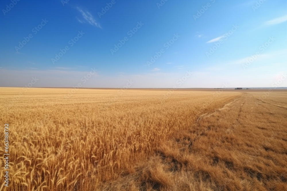 Vast wheat expanse under clear sky. Generative AI
