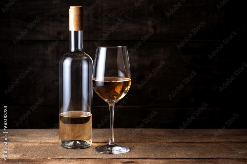 a wine glass next to a bottle on a wooden surface