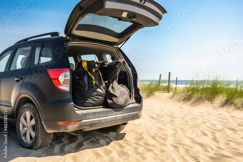 Vehicle with bags prepared for beach vacations. Generative AI