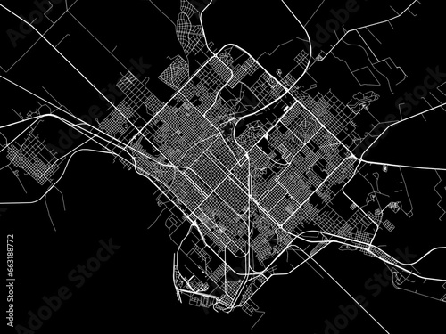 Vector road map of the city of  Bahia Blanca in Argentina with white roads on a black background.