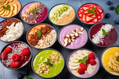 variety of smoothie bowls with natural toppings