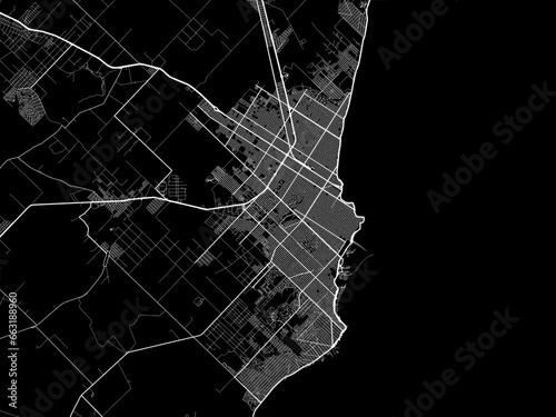 Vector road map of the city of  Mar del Plata in Argentina with white roads on a black background.